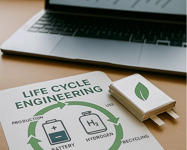 Ein Blatt Papier, auf dem Life Cycle Engineering staht sowie ein Kreis aus Pfeilen, der den Kreislauf von Batterien und Wasserstoff darstellen soll. Neben dem Blatt liegt eine Festkörperbatterie, auf der ein Icon eines grünes Blattes abgebildet ist. Im Hintergrund ist ein Laptop.