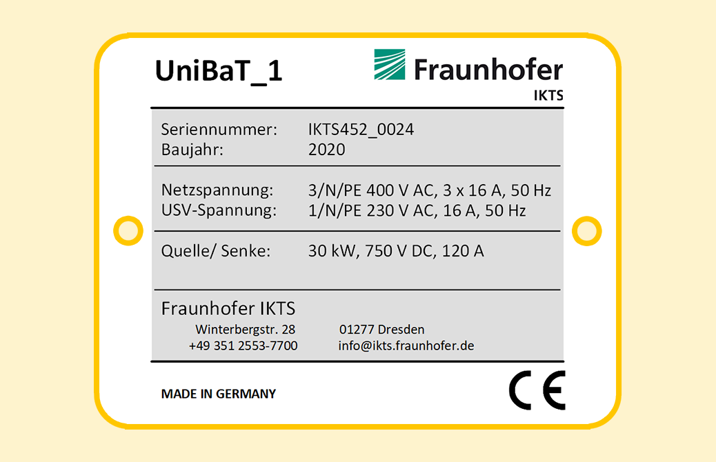 Type plate of the certified universal battery test bench “UniBaT.”