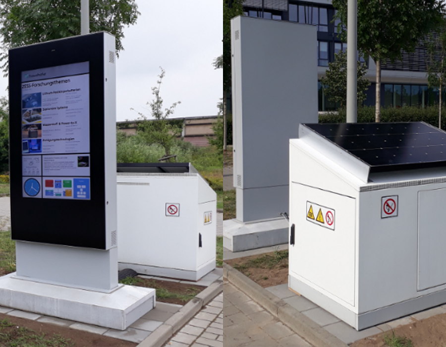 Demonstration platform at Fraunhofer ZESS: Coupling of energy generators (PV system and fuel cell) and energy storage (battery).