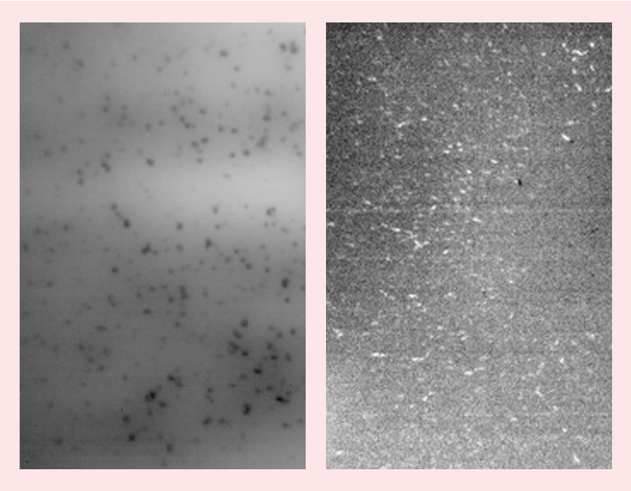 Thermographic images of defective battery electrodes after drying: agglomerates (left), drying cracks (right).