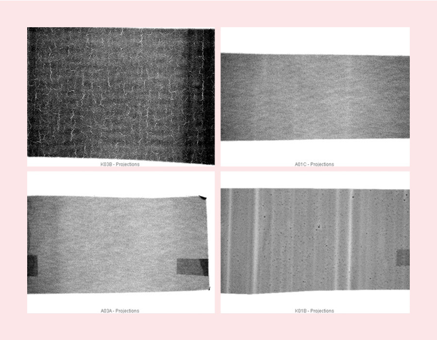 Radiographic images of defective battery electrodes after drying: drying cracks (top left), inhomogeneous layer application, squeegee errors (top right, bottom left), inhomogeneous layer application, inclusions and agglomerates (bottom right).